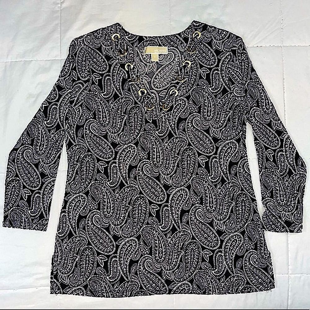 Michael Kors MK Womens Blouse Tunic Size Small Black White Paisley v-neck